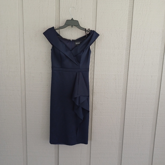 Xscape Cocktail Midi Dress Size 4 Ruffle Scuba Off the Shoulder In Midnight - Picture 2 of 16
